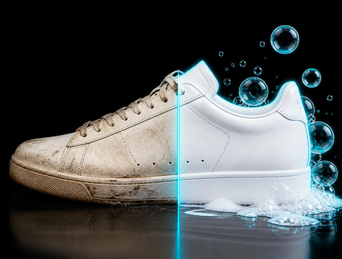 Before and after comparison of a white leather sneaker restored to factory finish